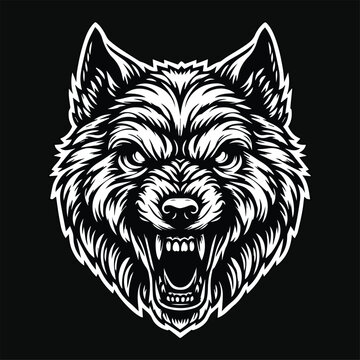 Dark Art Skull Angry Beast Wolf Head Black and White Illustration