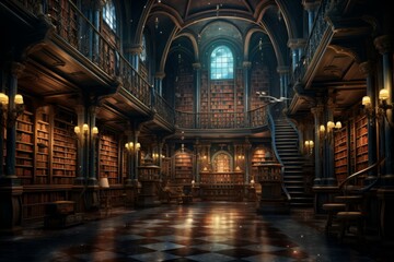 Old library. Study antique shelf. Generate Ai