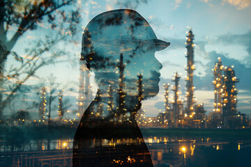 Half body, Double exposure of Engineer standing holding a blueprint with safety helmet with oil refinery industry plant background
