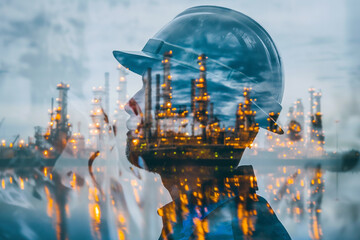 Obraz premium Half body, Double exposure of Engineer standing holding a blueprint with safety helmet with oil refinery industry plant background