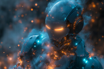 mechanic robot walking among lightning bolt Nighttime Robot in the City - obrazy, fototapety, plakaty