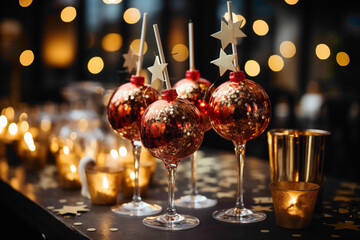 A small and charming disposable cocktail stirrer with festive decorations on a bar counter - obrazy, fototapety, plakaty
