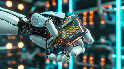 Modern high tech robot arm holds a supercomputer processor. Industrial robots, robots, end effectors, CPU chips - obrazy, fototapety, plakaty