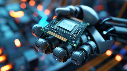 Fototapeta na wymiar Modern high tech robot arm holds a supercomputer processor. Industrial robots, robots, end effectors, CPU chips