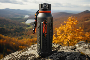 A reusable aluminum sports bottle with a carabiner clip, resting on a hiking trail - obrazy, fototapety, plakaty
