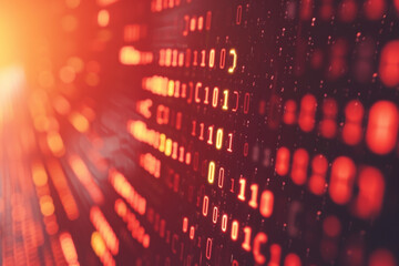 Vibrant Red Background with Digital binary code Texture and Glowing Lines