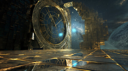 Vintage Clock Tower in Prague space of time dimension concept,universe, illusion,time theory