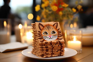 A charming paper napkin with a cute animal print on a dining table - obrazy, fototapety, plakaty