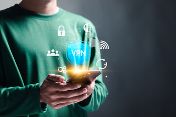 Fototapeta na wymiar VPN Virtual Private network protocol concept, Person using smartphone with VPN icon for connect to VPN network on virtual screen.