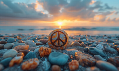 peace symbol on beach - obrazy, fototapety, plakaty