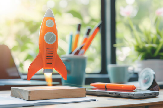 the rocket toy fly up , symbol of start-up inovation concept