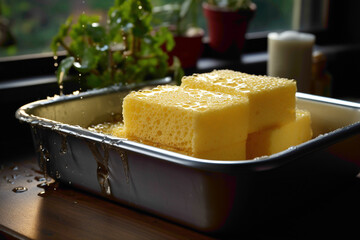 A common disposable sponge by the kitchen sink - obrazy, fototapety, plakaty