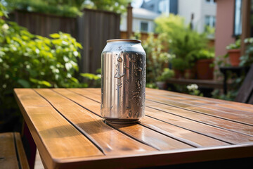 An empty and crushed aluminum soda can on a patio table - obrazy, fototapety, plakaty