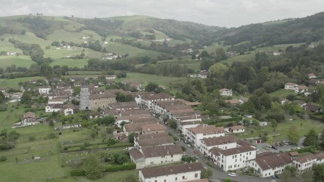 Ainhoa village in Pyrenees Atlantiques, Nouvelle Aquitaine region in southwestern France. Aerial drone panoramic view