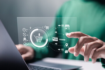 Business ecommerce concept, online purchase, ecommerce store, online business, shopping on the internet. Person use laptop with online shopping cart icon in website on virtual screen.