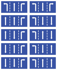 Set highway blue traffic sign three line road opposite straight direction and turn left right arrow. Mandatory information route coution symbol collection for web mobile isolated white illustration.