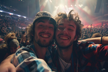  two young friends guys at a concert in a giant indoor arena - obrazy, fototapety, plakaty