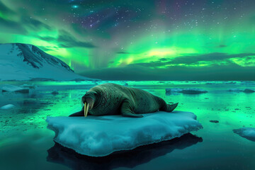 A walrus rests on an ice floe under the Northern Lights