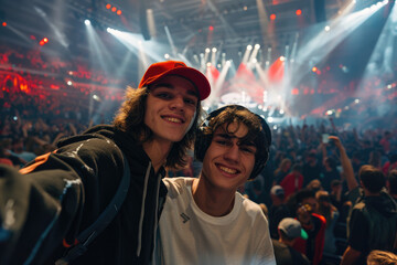  two young friends guys at a concert in a giant indoor arena