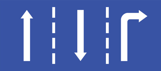 Set highway blue traffic sign three line road opposite straight direction and turn right white arrow. Mandatory information route coution symbol collection for web mobile isolated white illustration.