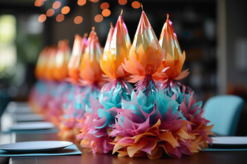 An endearing disposable party hat with colorful streamers, perfect for a celebration table