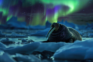 A walrus rests on an ice floe under the Northern Lights