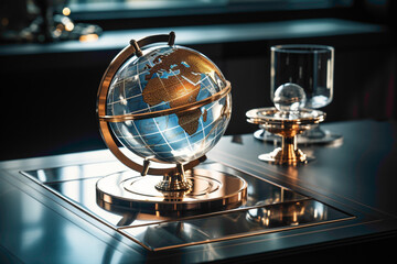 A holographic globe, a high-tech compass, and a magnifying glass placed on a table, evoking a sense of exploration and discovery