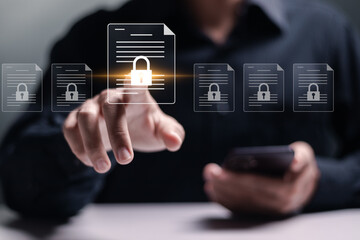 Document secure confidential access concept. Corporate data management system, Private data and...