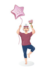 An elderly woman practicing yoga. Sport at any age. Health at 100. Elderly woman is engaged in sports, leads active healthy lifestyle. Isolated vector illustration
