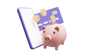 3D rendered illustration of a financial concept depicting savings and online deposits, decorated with a piggy bank icon with coins and a debit card with a mobile phone isolated on a transparent backgr