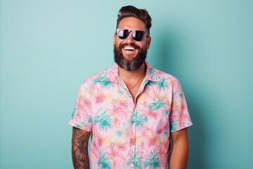 Portrait of a handsome young hipster man with beard and sunglasses over turquoise background.