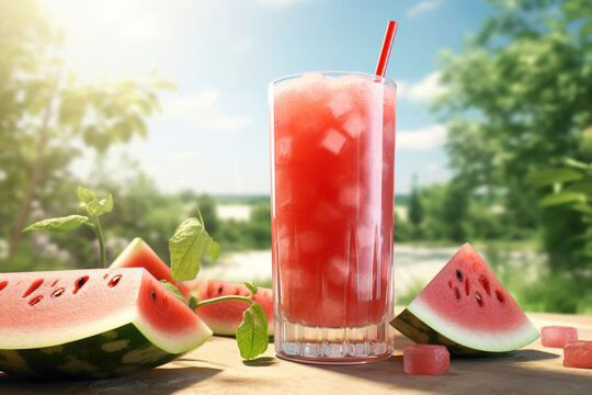 Transport yourself to a summer picnic with a close-up 3D render of a glass of watermelon juice, showcasing the juicy goodness and a playful straw for sipping.