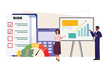 Black Man and White Woman Strategise at the Whiteboard, Navigating Challenges with Charts, Calculator, and Risk Management.