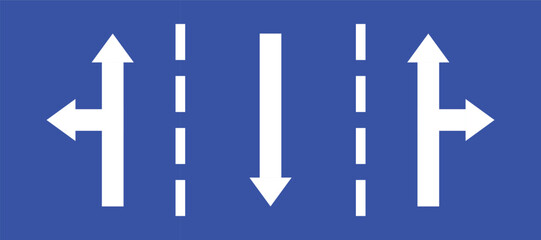Set highway blue traffic sign three line road opposite direction right or left turn primited arrow. Mandatory information route coution symbol collection for web mobile isolated white background