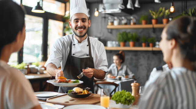 Smiling male chef is serving dish to restaurant customers