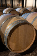 WIne celler with french oak barrels for aging of red wine made from Cabernet Sauvignon grape...