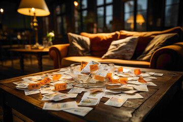 A discarded shopping receipt on a living room coffee table - obrazy, fototapety, plakaty