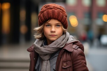 Outdoor portrait of a cute little boy wearing a warm hat and scarf