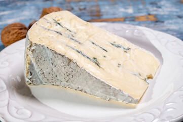French goat cheese with black summer truffles mushrooms close up