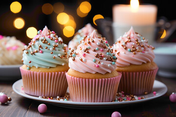 A charming disposable cupcake with pastel frosting and sprinkles on a festive table - obrazy, fototapety, plakaty