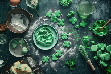 Baking St. Patrick's Day cookies, top view - obrazy, fototapety, plakaty