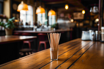 A commonplace disposable coffee stirrer on a cafe counter - obrazy, fototapety, plakaty