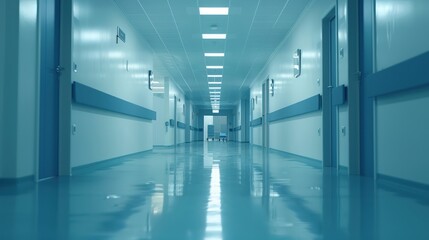 Peaceful hospital corridor with empty rooms visible in the background