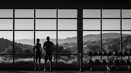 A couple working out with weights at a fitness club. The rolling golden foothills are visible in the background through large windows. generative AI