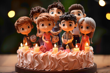 An adorable disposable cake topper with miniature figurines on a birthday cake