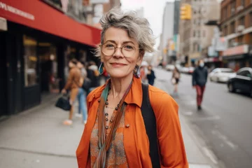Zelfklevend Fotobehang Portrait of a smiling middle-aged woman with short hair in an orange coat and glasses on a city street © Inigo