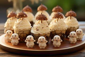 A cute and attractive disposable cupcake topper with tiny figurines on a dessert display - obrazy, fototapety, plakaty