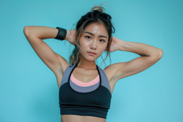 Fototapeta na wymiar young fitness Asian athletic sport girl doing sport, showing strength gesture with arms, blue background
