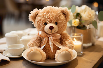 A tiny disposable teddy bear as a charming table centerpiece - obrazy, fototapety, plakaty