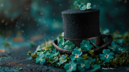 Happy St. Patrick's Day with clover leaves and hat on dark background